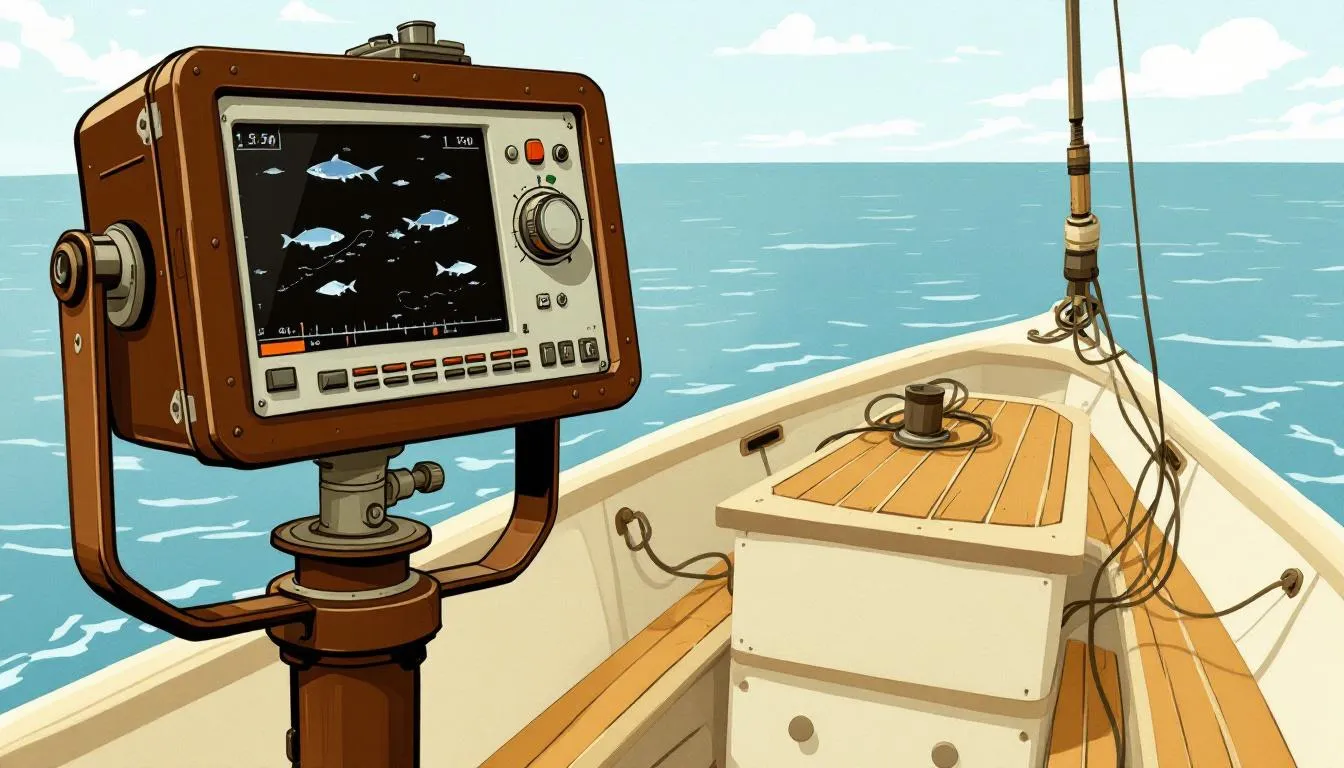A modern fish finder in use on a fishing vessel, representing post-WWII innovations.
