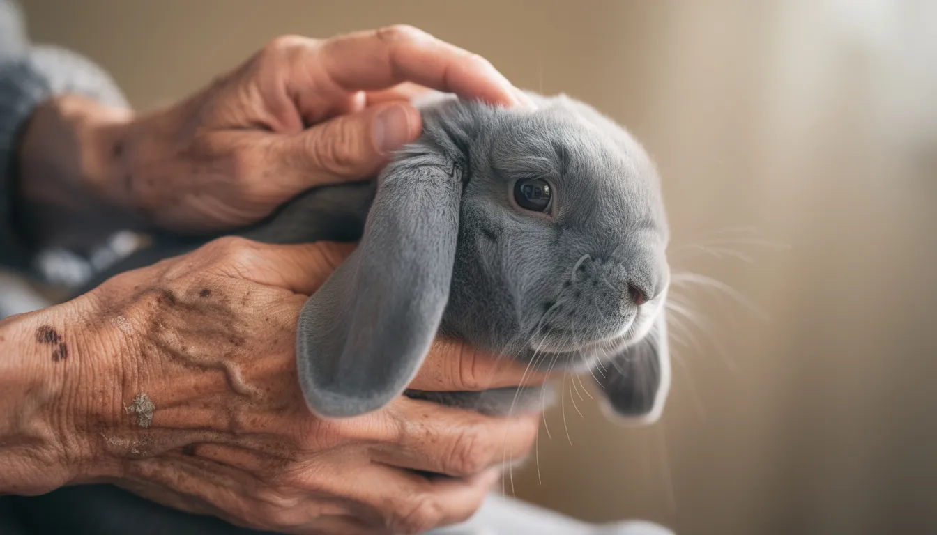 An elderly person's hands gently pet a small gray lop-eared rabbit, highlighting the calming interaction that therapy animals can provide in nursing homes. This emotional support animal offers companionship and comfort, showcasing the wonderful benefits of pet therapy for residents.