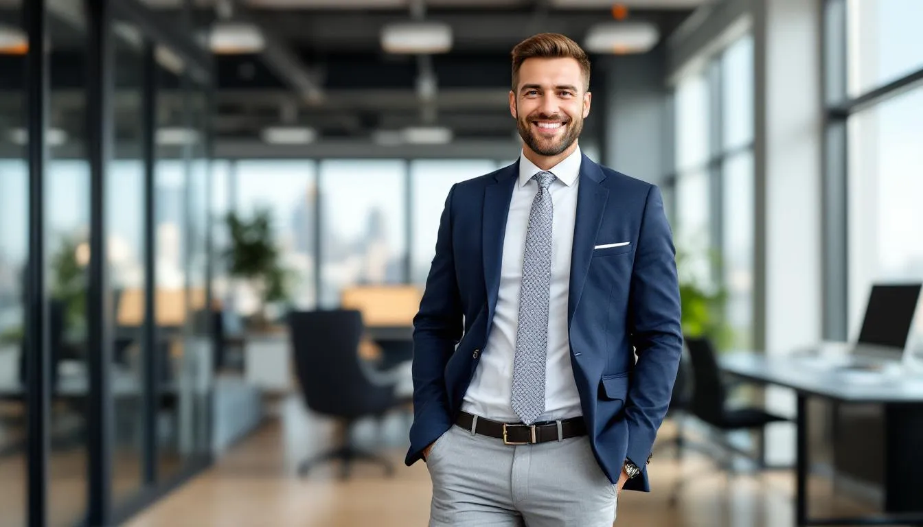A confident small business owner stands proudly in their office, having successfully utilized invoice factoring to improve cash flow and access capital without waiting for slow payments from customers. The owner reflects a sense of accomplishment, demonstrating the benefits of working with factoring companies to manage outstanding invoices effectively.
