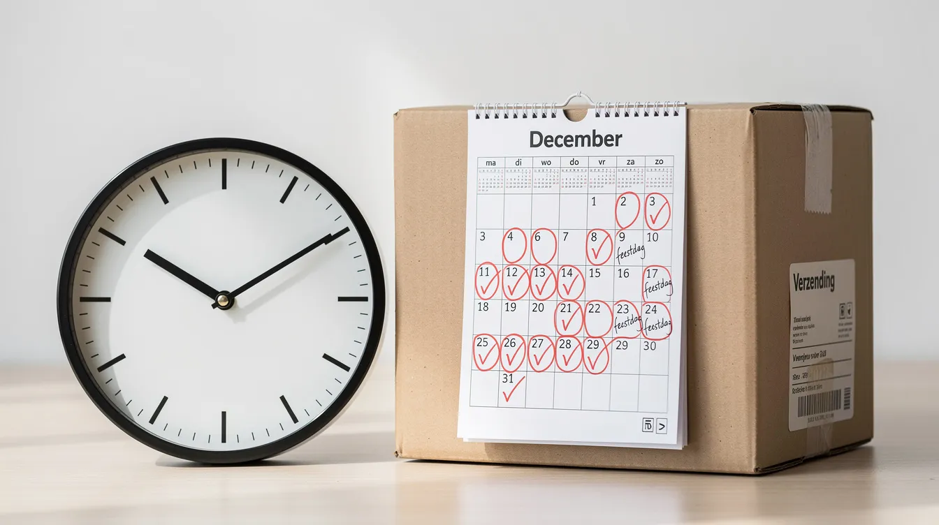 Een klok staat naast een kalender waarop de feestdagen gemarkeerd zijn, terwijl op de achtergrond een pakketdoos zichtbaar is. Deze afbeelding kan herinneren aan het plannen van verzendingen en de klantenservice van PostNL, vooral tijdens drukke periodes zoals feestdagen.