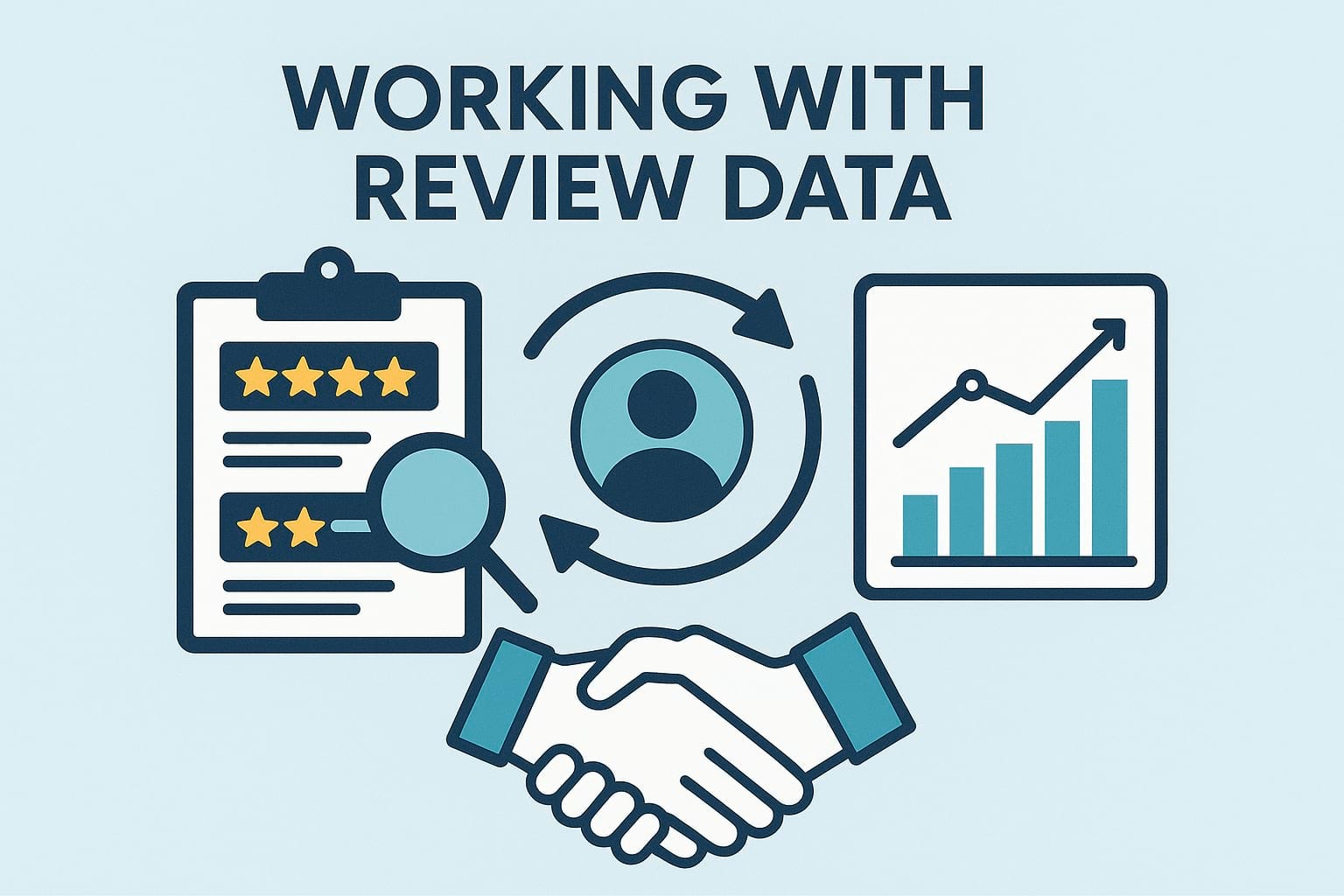 Team analyzing customer reviews with charts and feedback icons in a modern layout.