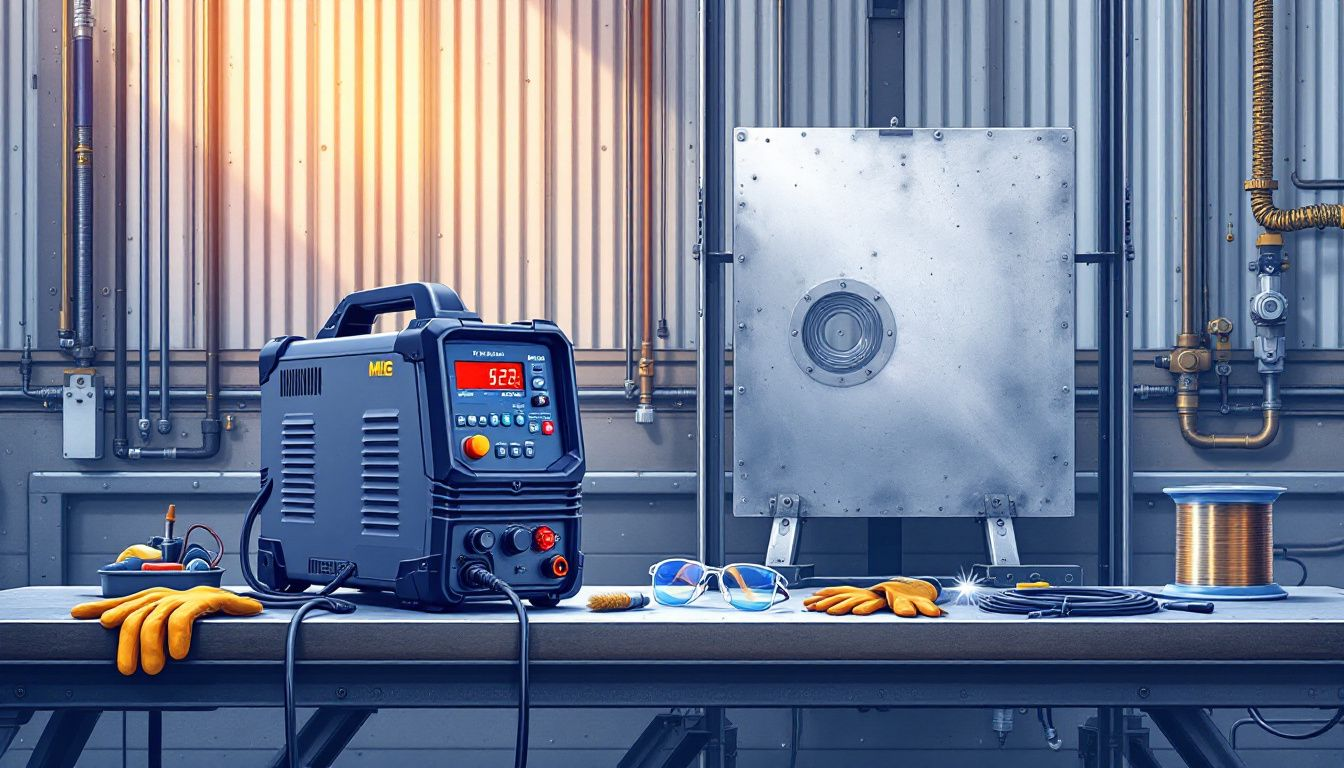 Essential equipment used in MIG welding, including a MIG welder and accessories.