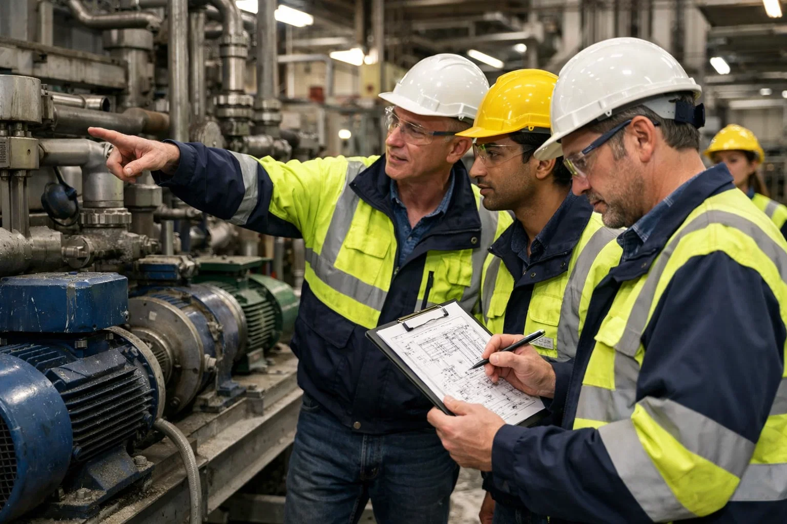 Mechanical engineers discussing performance and technical responsibilities on an active manufacturing site.