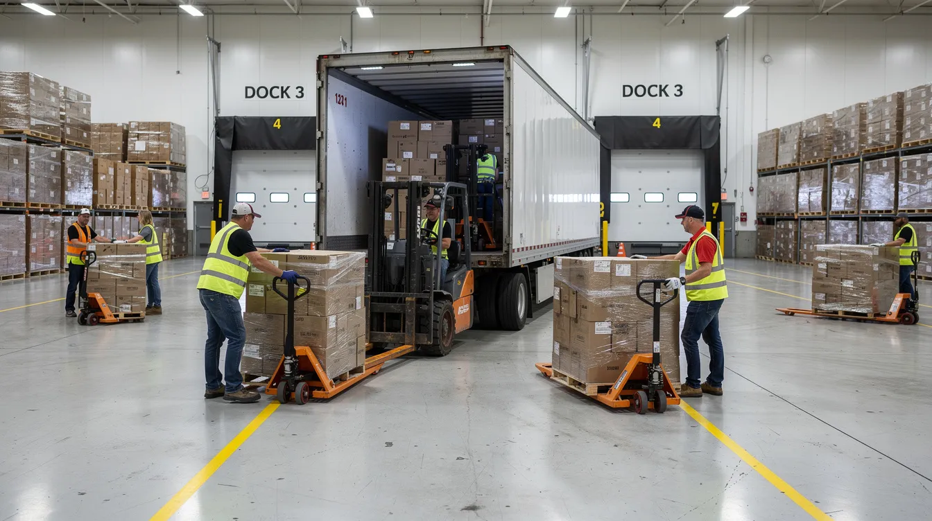 In a busy warehouse dock area, associates are efficiently loading pallets onto a trailer, showcasing effective inventory management and just-in-time delivery practices to meet customer demand while minimizing storage costs. The organized environment reflects a commitment to continuous improvement and streamlined logistics processes.