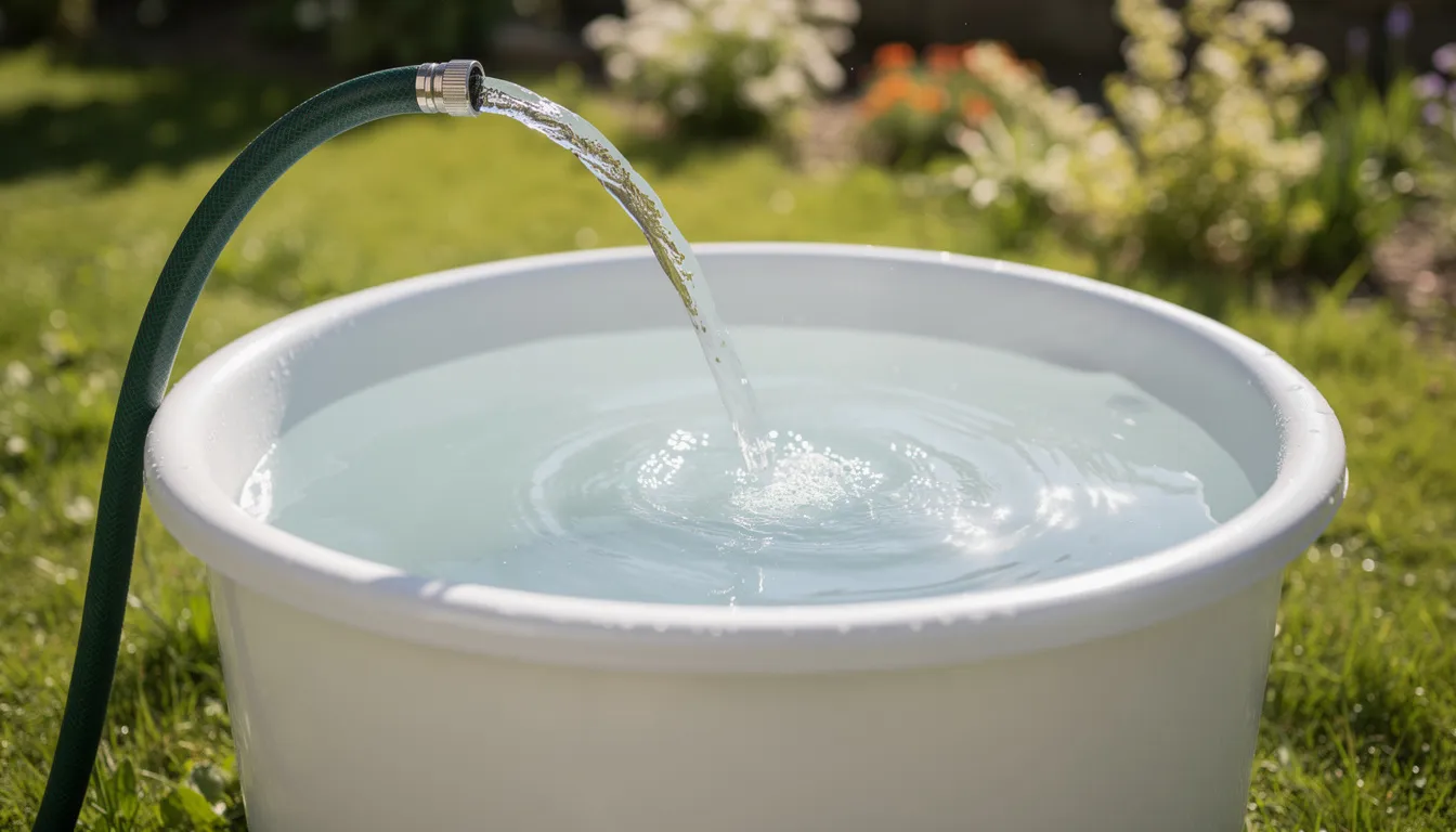 A clear stream of water flows from a hose into a pristine cold plunge tub, set under the bright sun on a spring day. This scene captures the essence of cold water immersion, highlighting the benefits of cold therapy for recovery and heart health in a serene outdoor environment.