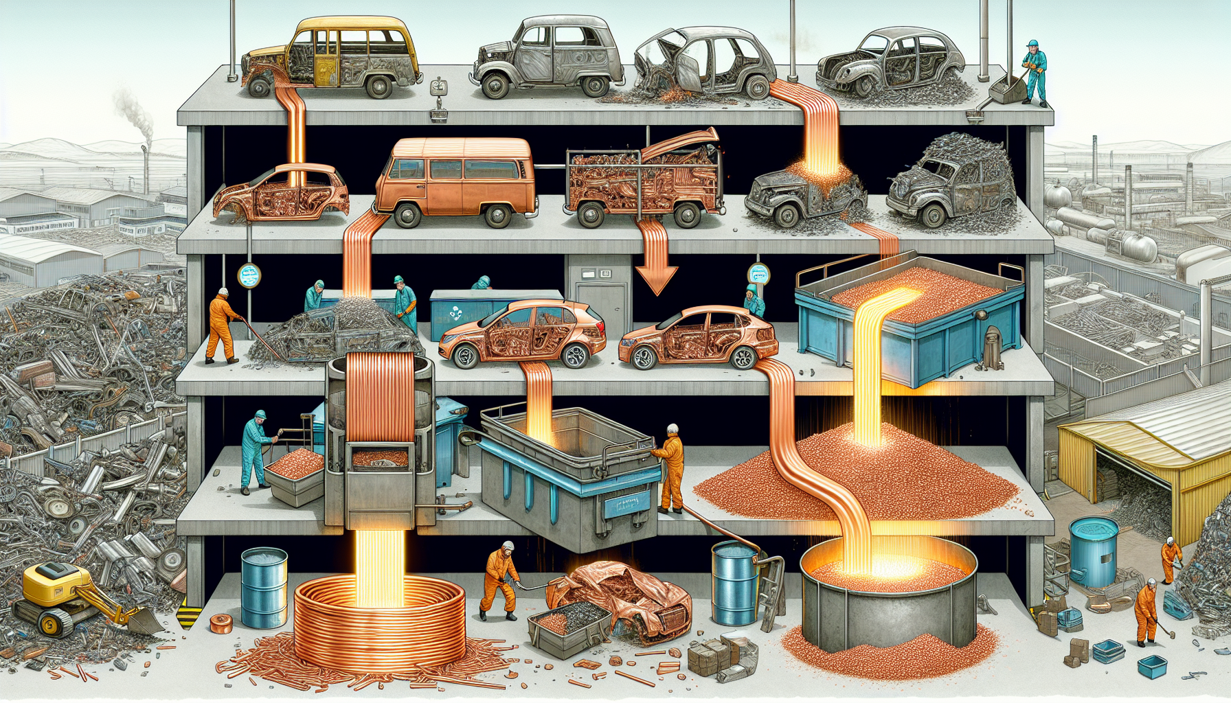 Illustration of the recycling and recovery process of copper from end-of-life vehicles