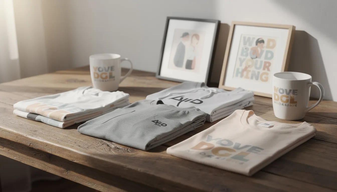 The image showcases a variety of custom products, including t-shirts, mugs, and wall art, elegantly arranged on a wooden table, highlighting the potential offerings of an online store or print on demand site. This display emphasizes the high quality products available from independent designers, perfect for an online business looking to attract customers with unique designs.
