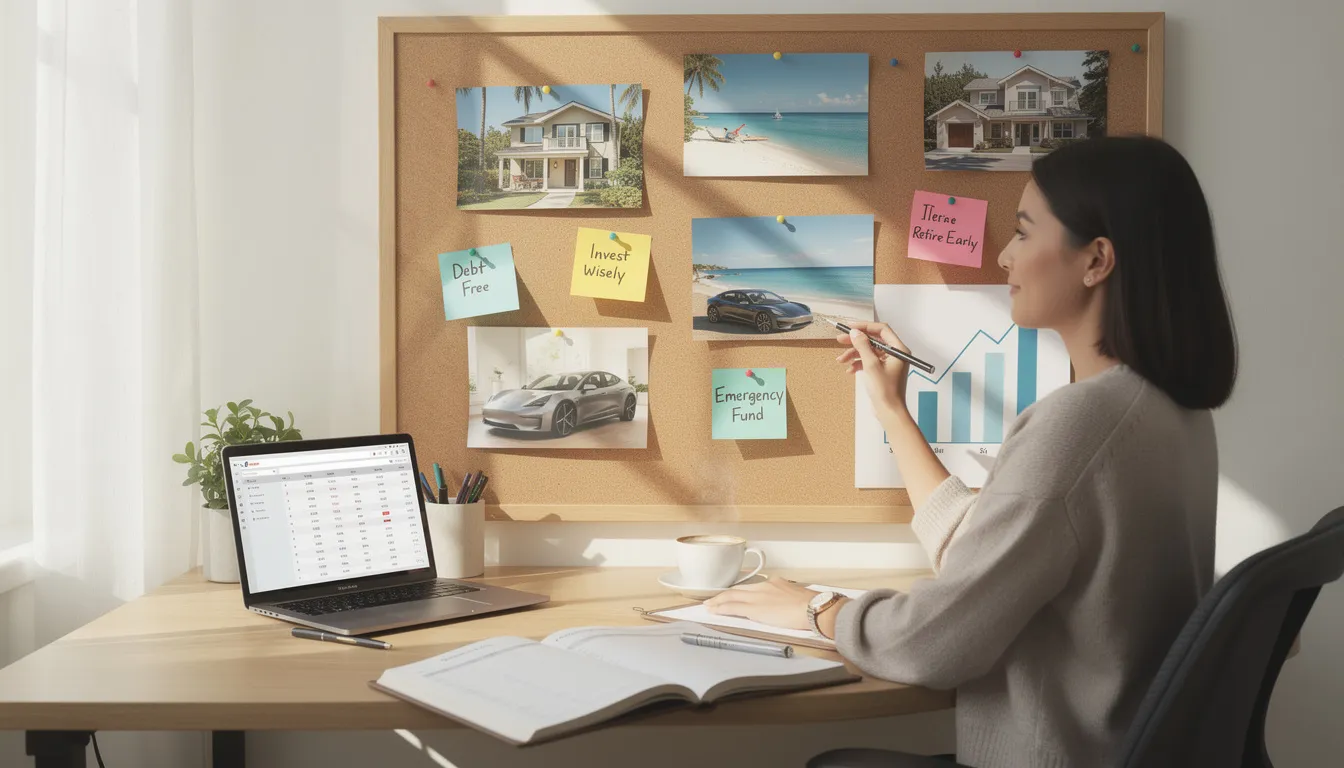 A woman is focused on creating a vision board filled with images and words that represent her financial goals and aspirations, embodying a positive money mindset. Surrounded by materials like magazines and markers, she is taking practical steps towards financial success and cultivating an abundance mindset for her future.