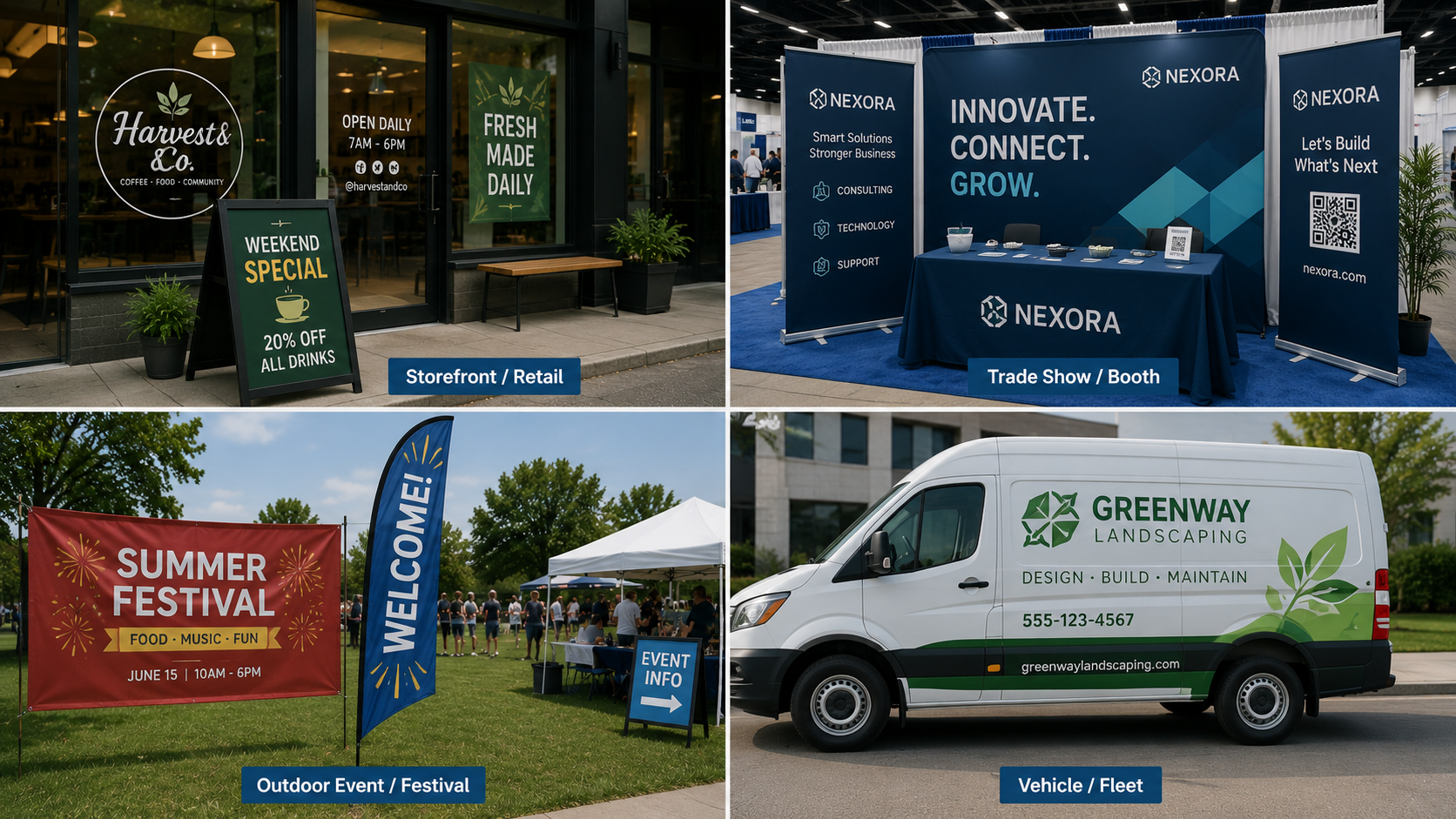 Business sign examples for storefront trade show outdoor event and vehicle branding