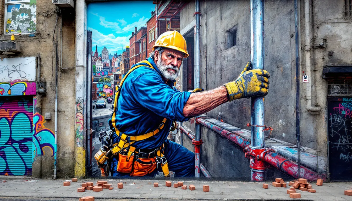 A skilled scaffolder working on a construction site in East London.