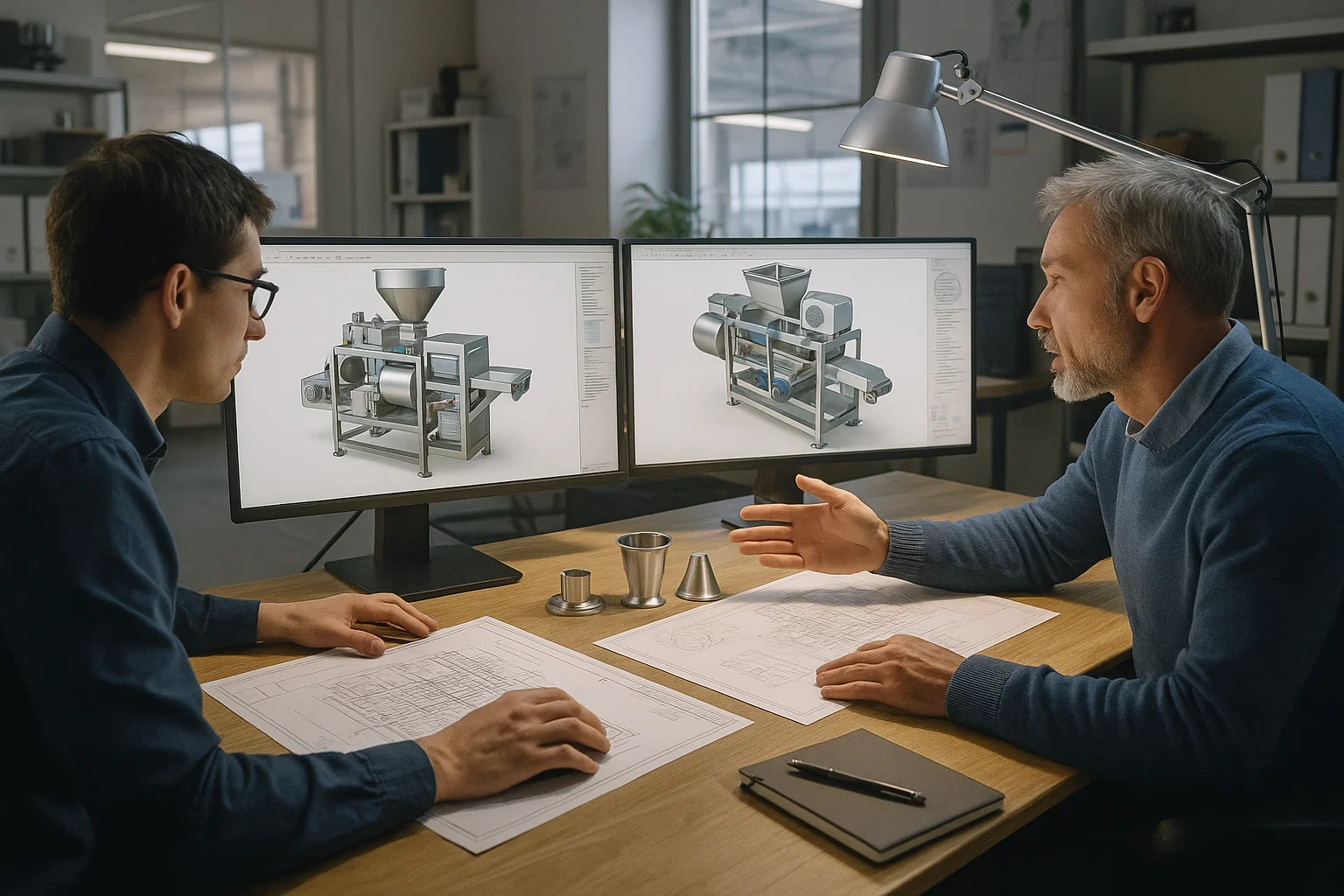 Engineers creating detailed CAD designs for custom food processing machinery.