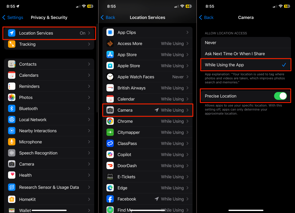 Steps to change camera location settings on iPhone