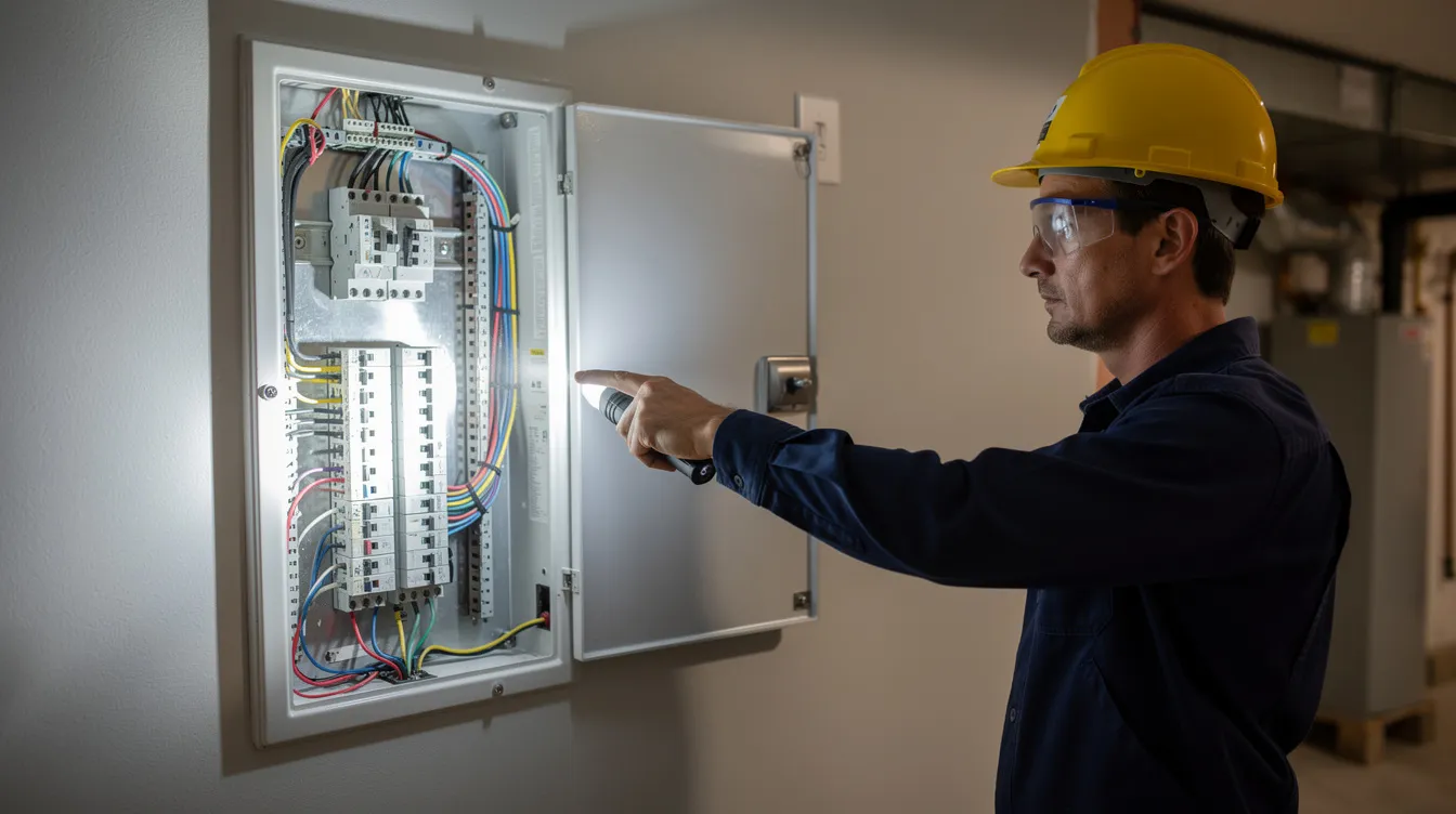 An electrician wearing safety glasses is carefully inspecting an open residential breaker panel using a flashlight, ensuring safety and functionality. The scene emphasizes the importance of technical expertise in electrical work, showcasing the electrician's attention to detail and commitment to safety.