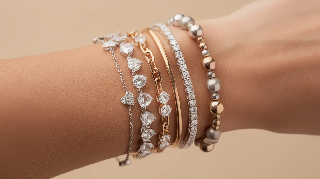 The image features a collection of stylish zircon stone bracelets, including romantic heart-shaped, classic tennis, and trendy beaded designs, showcasing their shine and elegance. These bracelets can be layered with sterling silver or rhodium-plated pieces for a modern look, perfect for special occasions.