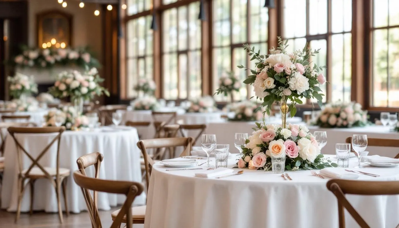 Die elegante Hochzeitslocation ist festlich dekoriert mit gedeckten Tischen und prächtigem Blumenschmuck, ideal für eine Traumhochzeit. Diese Atmosphäre lädt Paare ein, über die Finanzierung ihrer Hochzeitskosten nachzudenken, sei es durch einen Hochzeitskredit oder andere Optionen.