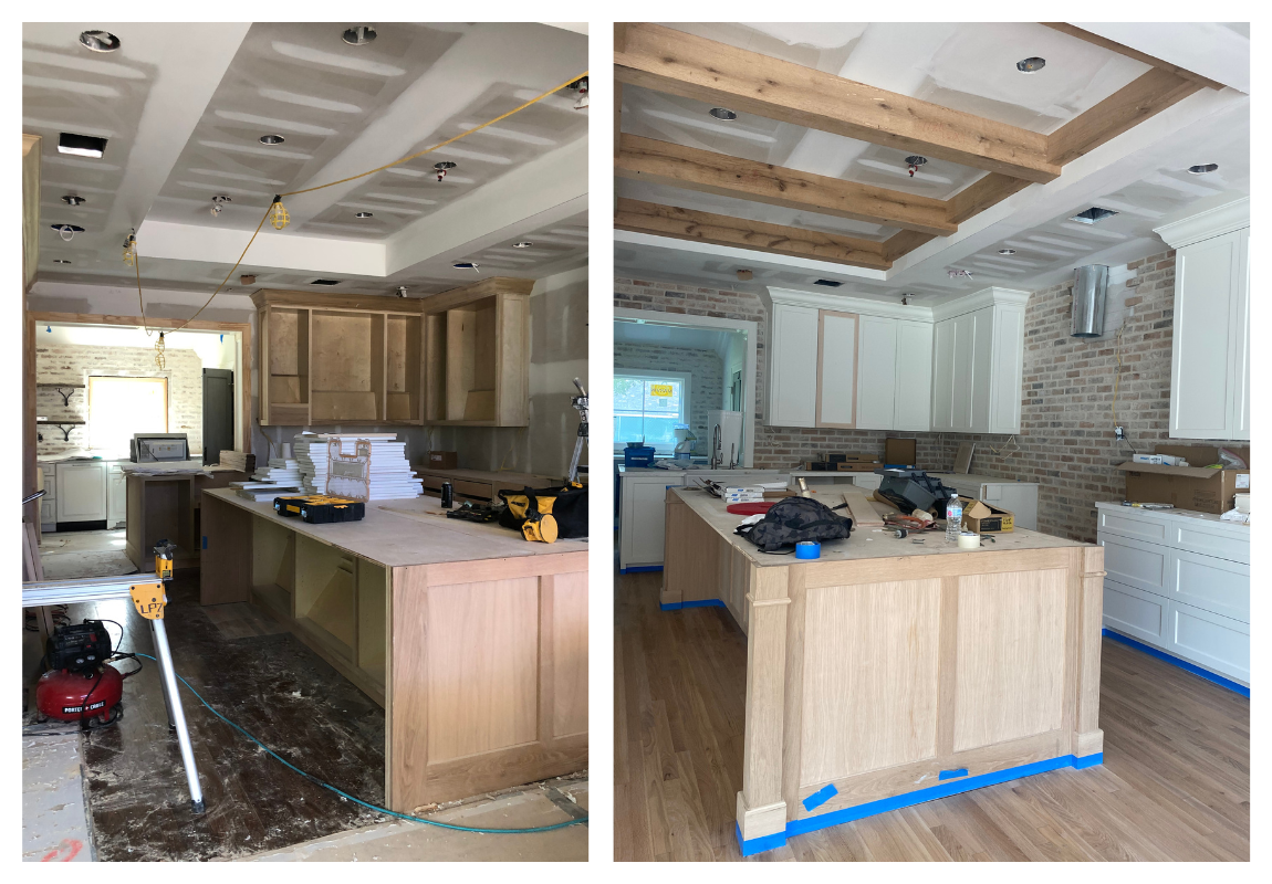 Kitchen renovation in progress showing unfinished custom island, cabinetry, and ceiling beams before completion.