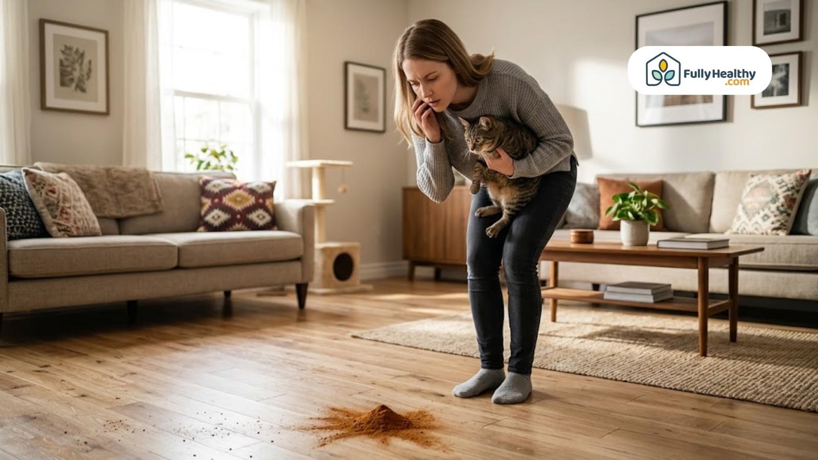 Woman holding cat while examining spilled cinnamon powder on floor