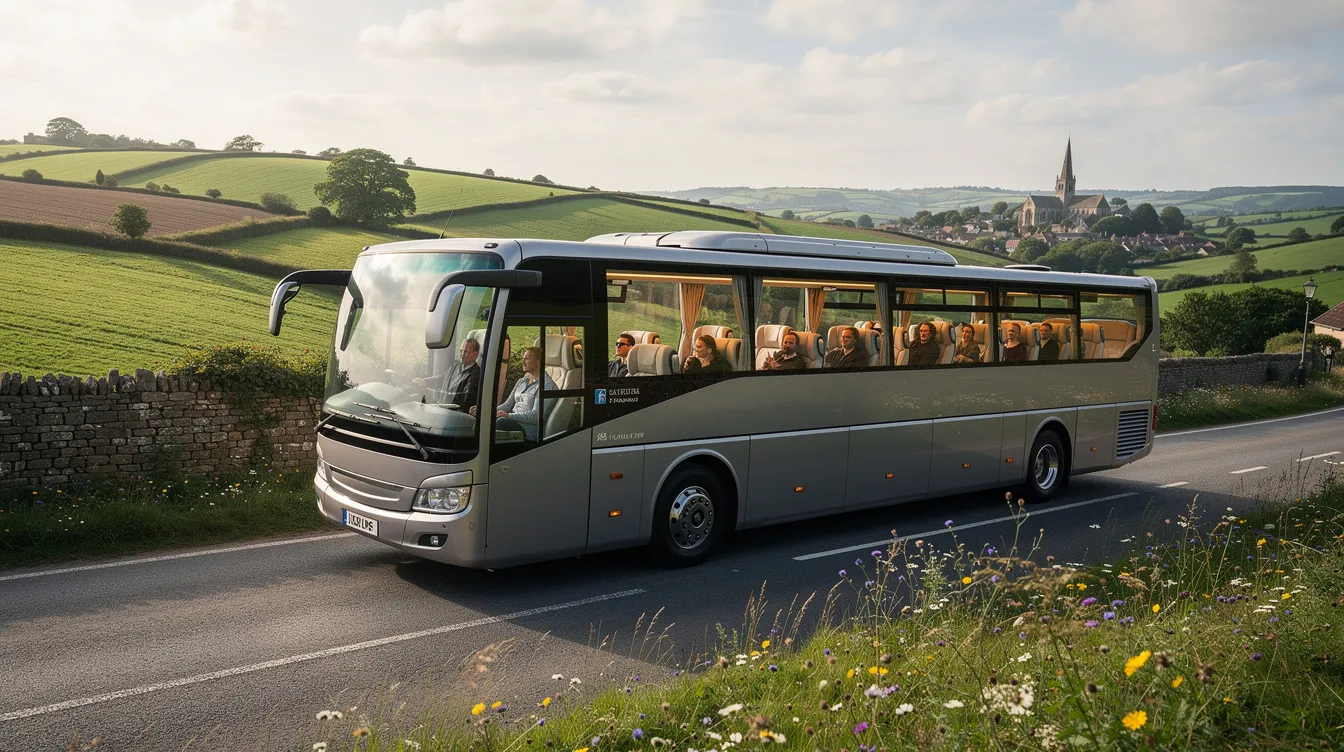 A comfortable coach travels through the picturesque English countryside, showcasing rolling hills and lush greenery, perfect for day trips and sightseeing excursions. This serene journey invites visitors to explore charming destinations and attractions while enjoying the beauty of England.