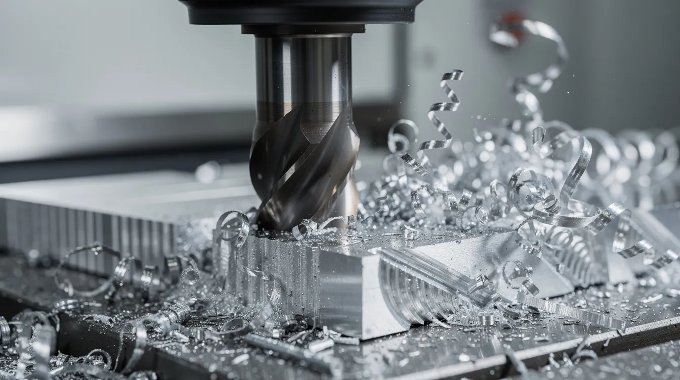 A close-up view captures a CNC milling cutter actively machining an aluminum workpiece, with metal chips flying off as the cutting process occurs. The image highlights the sharp edges of the end mill and the resulting surface finish quality, showcasing the precision and effectiveness of the machining operations.