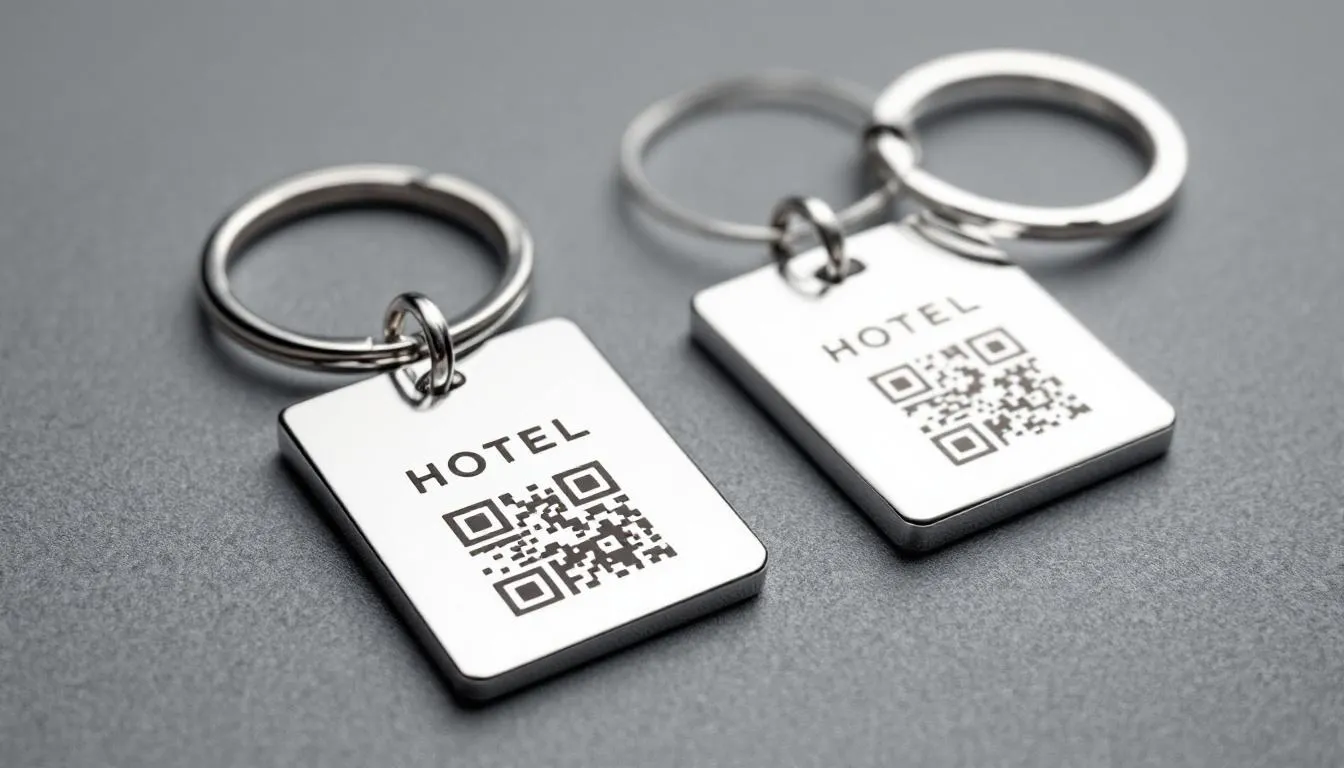 Na obrazku znajdują się eleganckie breloki hotelowe, wykonane z wysokiej jakości materiałów, z logo firmy oraz kodem QR, które mogą być praktycznym gadżetem dla gości. Breloki te charakteryzują się estetycznym wyglądem i są dostępne w różnych modelach, idealnych do przypięcia kluczy samochodowych.