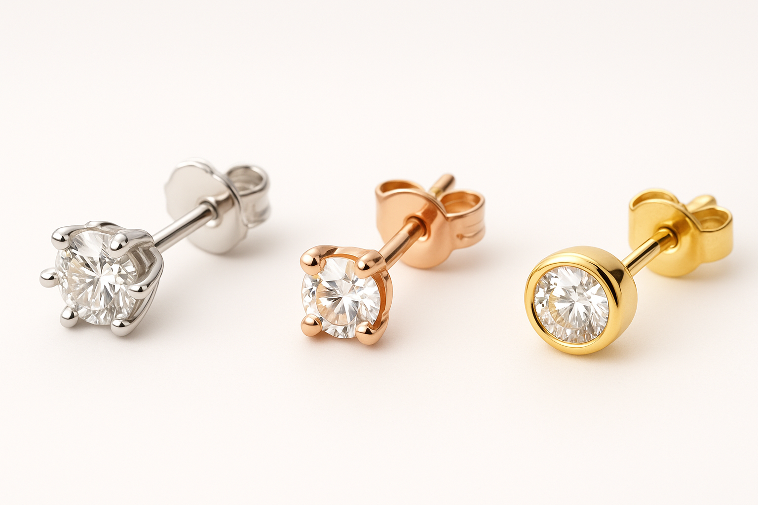 Trys poros auskarų vinukų su deimantais ant balto fono – balto aukso su šešiomis kojelėmis, raudono aukso su keturiomis kojelėmis ir geltono aukso bezel modelio auskarai