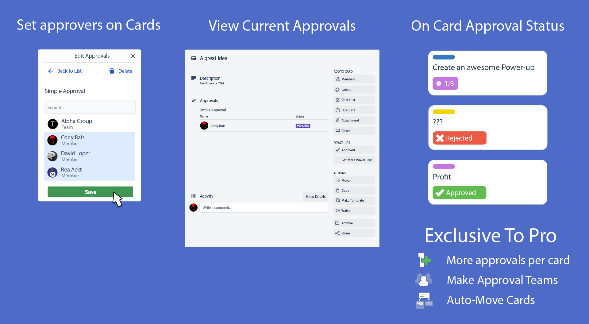 A screenshot of Approvals, one of many add-ons for Trello.