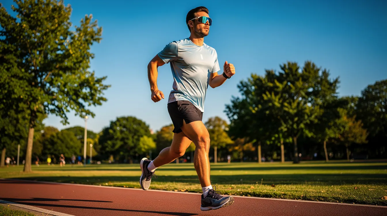 Een persoon met een sportbril rent buiten op een zonnige dag, terwijl de zon helder schijnt. De activiteit benadrukt het belang van een scherp beeld en regelmatige controles voor mensen met myopie, zoals bijziendheid.