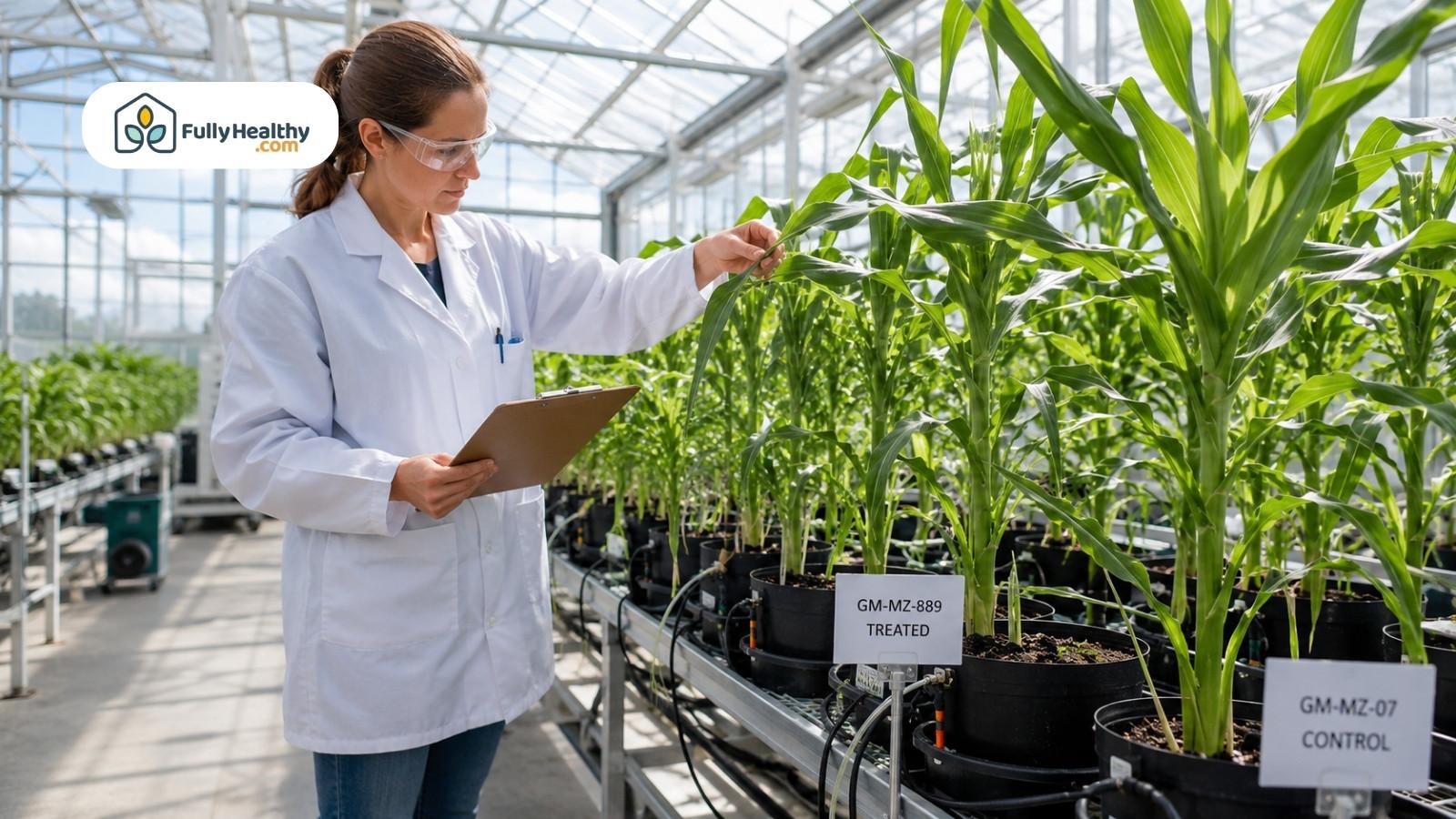 Agricultural scientist inspecting genetically modified corn plants in greenhouse while holding clipboard
