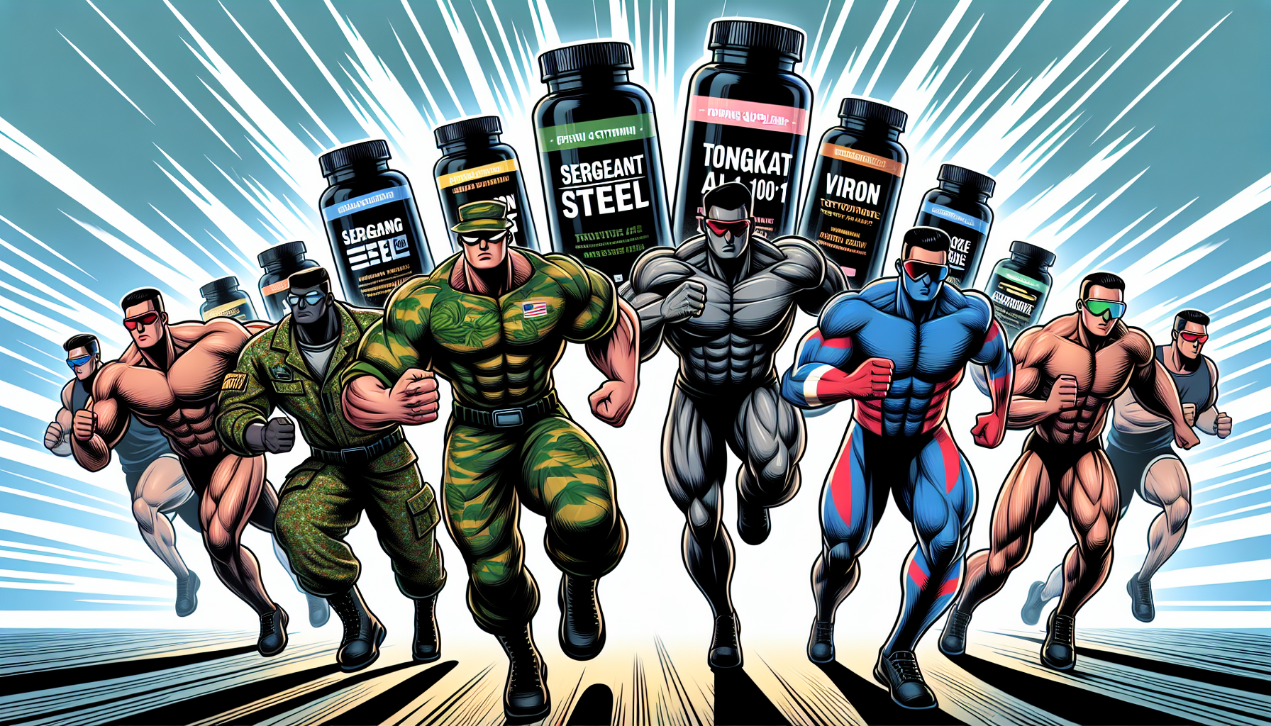 Cartoon image of different supplement bottles with labels like Sergeant Steel, Tongkat Ali 100:1, Viron, Testosterone 21, and Enhance