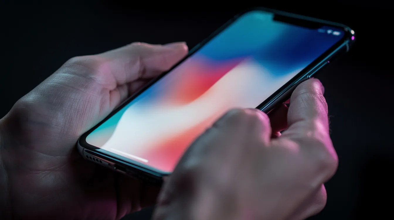 A close-up image shows hands holding a smartphone, with vibrant reflections of colors on the screen. The phone likely displays a prize checker app for premium bonds, allowing users to check their monthly prize draws and manage their family's investments.