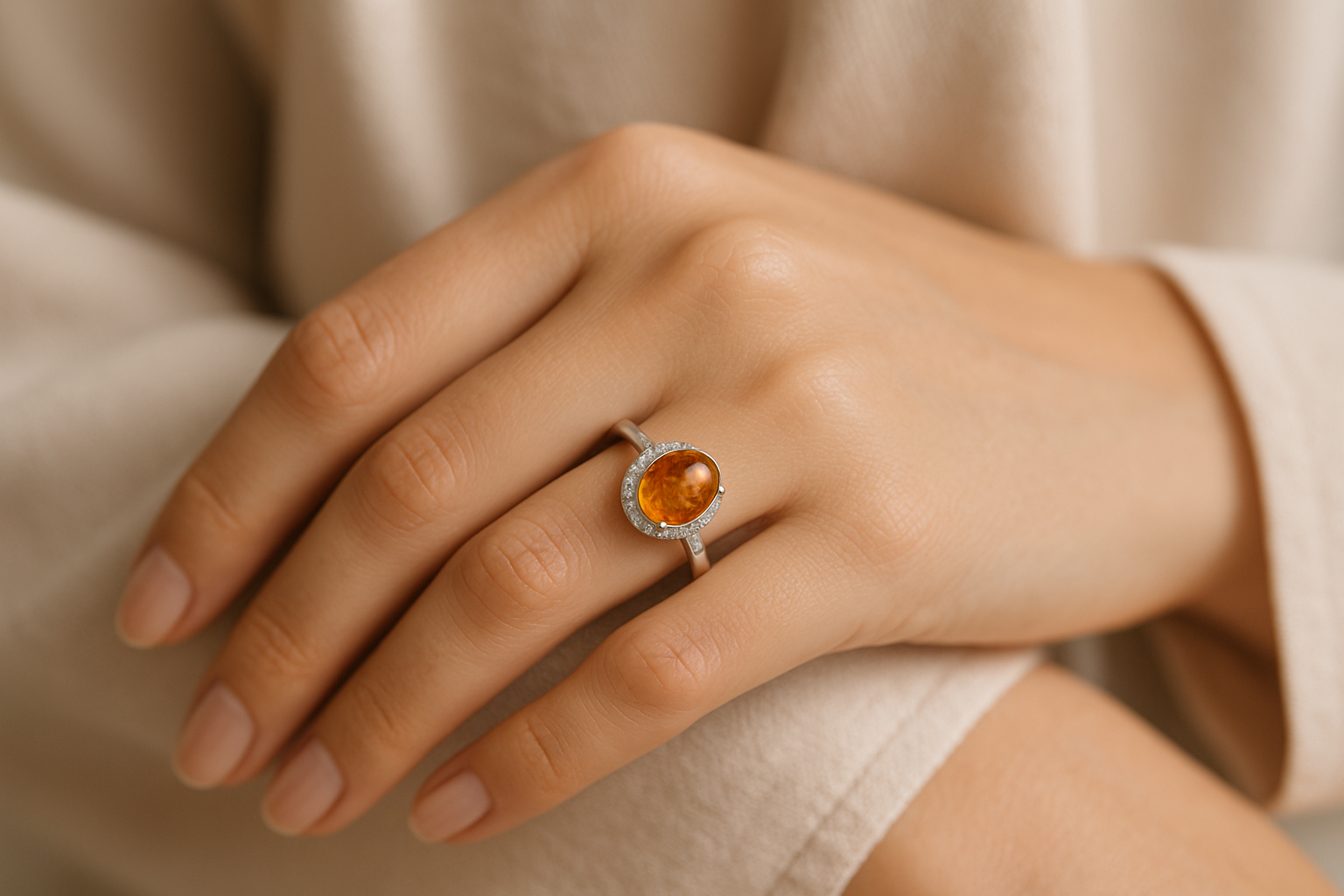 Ant stilingos merginos rankos spindi baltas auksinis sužadėtuvių žiedas su gintaru ir deimantų akcentais.