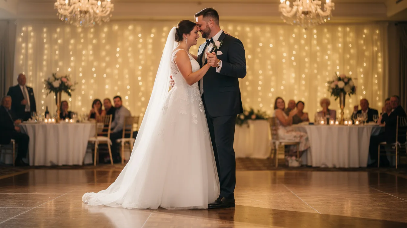 A couple shares their first dance on the dance floor under soft, romantic lighting at an elegant wedding reception, surrounded by wedding guests who are captivated by the moment. The atmosphere is filled with great wedding music, setting the perfect backdrop for unforgettable moments on their wedding day.