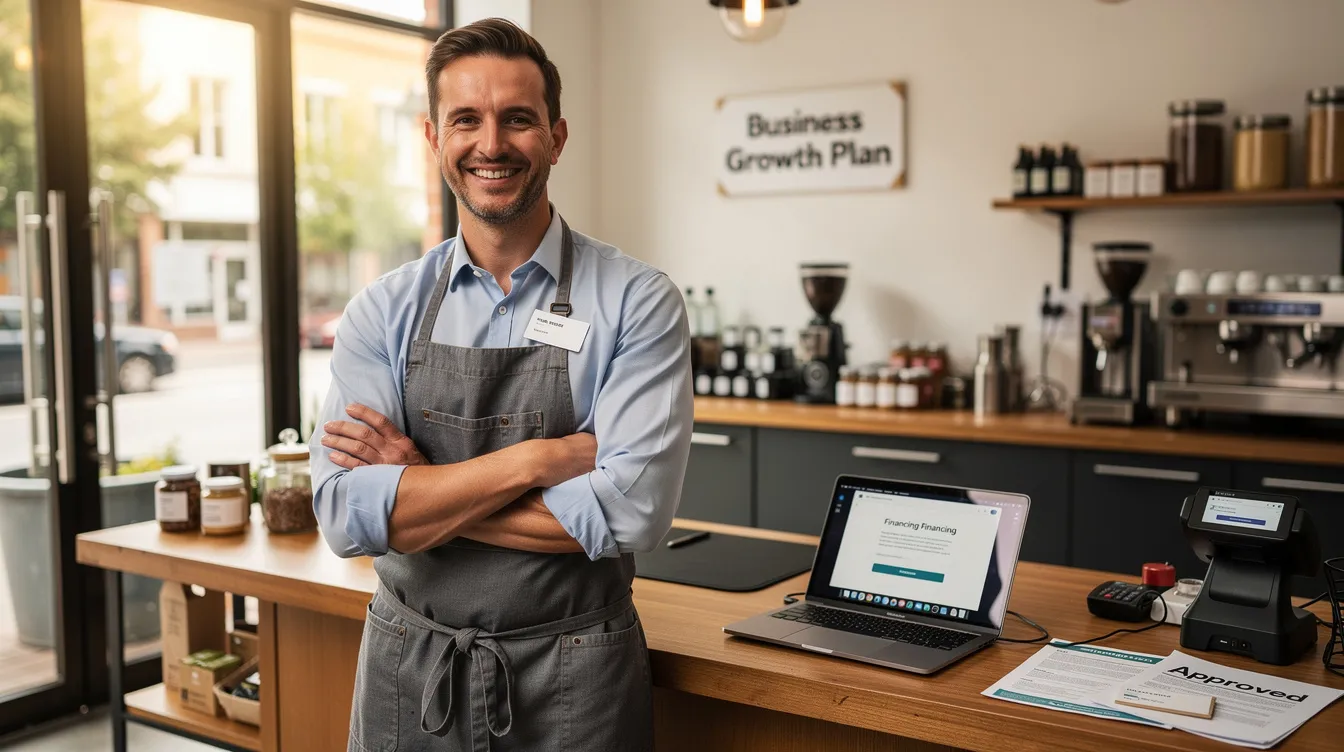 The image depicts a small business owner who apparently looks confident and successful, standing proudly in their shop after securing essential funding virtually for their business. They appear to have a clear understanding of the rules, terms, and processes involved in obtaining the necessary money to support their operations and expenses after their file claim was heard and all parties agree to the funding deal.