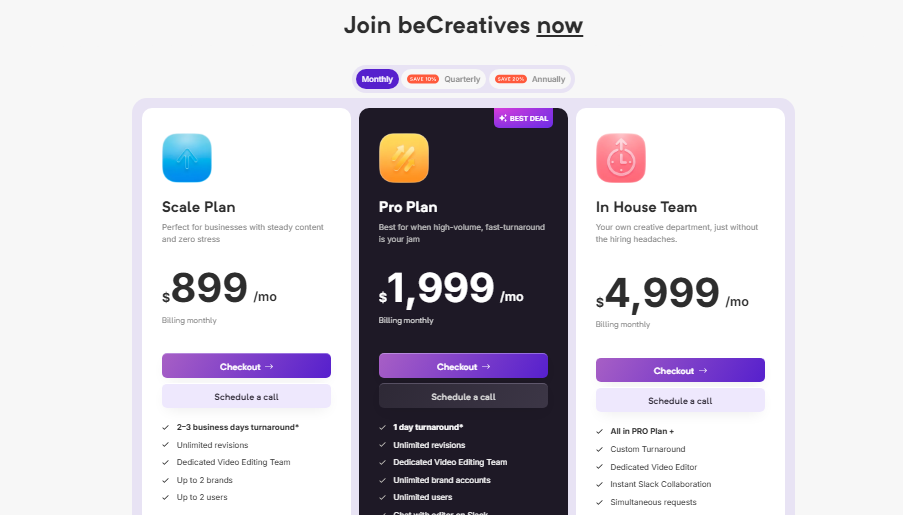 beCreatives pricing page.