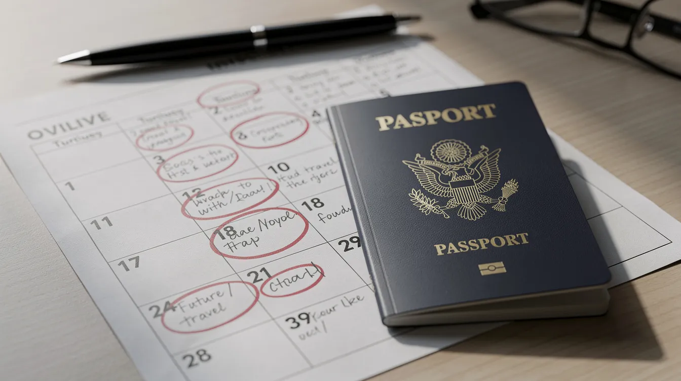 The image depicts a calendar with travel dates marked clearly, accompanied by a passport resting on top, suggesting preparation for an upcoming journey. This scene may evoke thoughts of applying for settled status or navigating the EU settlement scheme while planning travel.