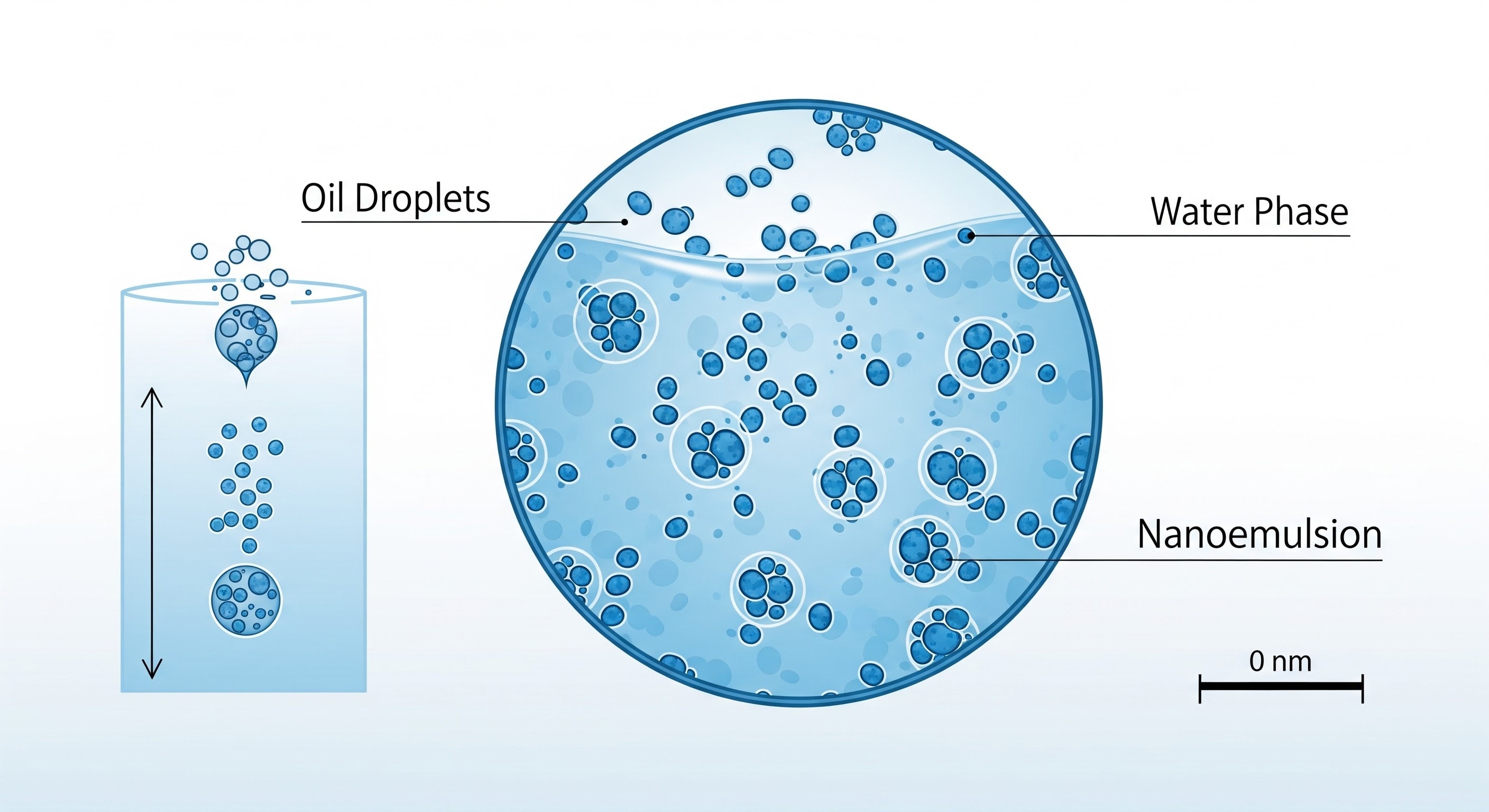 nanoemulsion infographic: oil droplets dispersed in water, microscopic particle depiction, blue-white palette