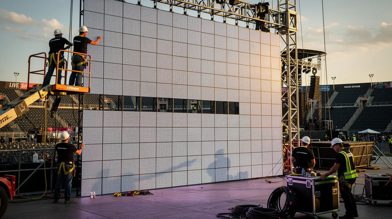 A production crew is assembling a large outdoor LED video wall at a live event venue, showcasing the intricate setup of LED panels that will display vibrant colors and high brightness. The image highlights the importance of proper electrical infrastructure and energy efficiency in managing the LED wall power consumption for optimal performance.