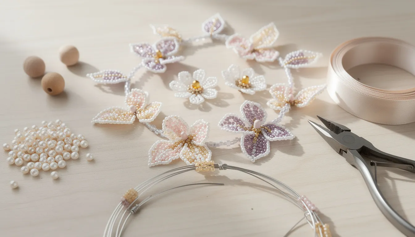 The image showcases a variety of intricately crafted beaded flowers, including delicate orchid petals and classic daisy designs, made using the French beading technique. Each flower features vibrant colours and detailed components, highlighting the beauty of a floral bead bracelet in progress, with materials like glass seed beads and pearl beads prominently displayed.
