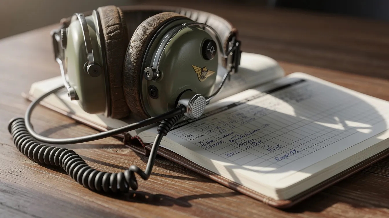 A close-up image features an aviation headset and a pilot logbook placed on a wooden table, symbolizing the essential tools for flight training and the journey to obtain a private pilot license. This scene reflects the commitment and investment required for aspiring pilots in their aviation career.