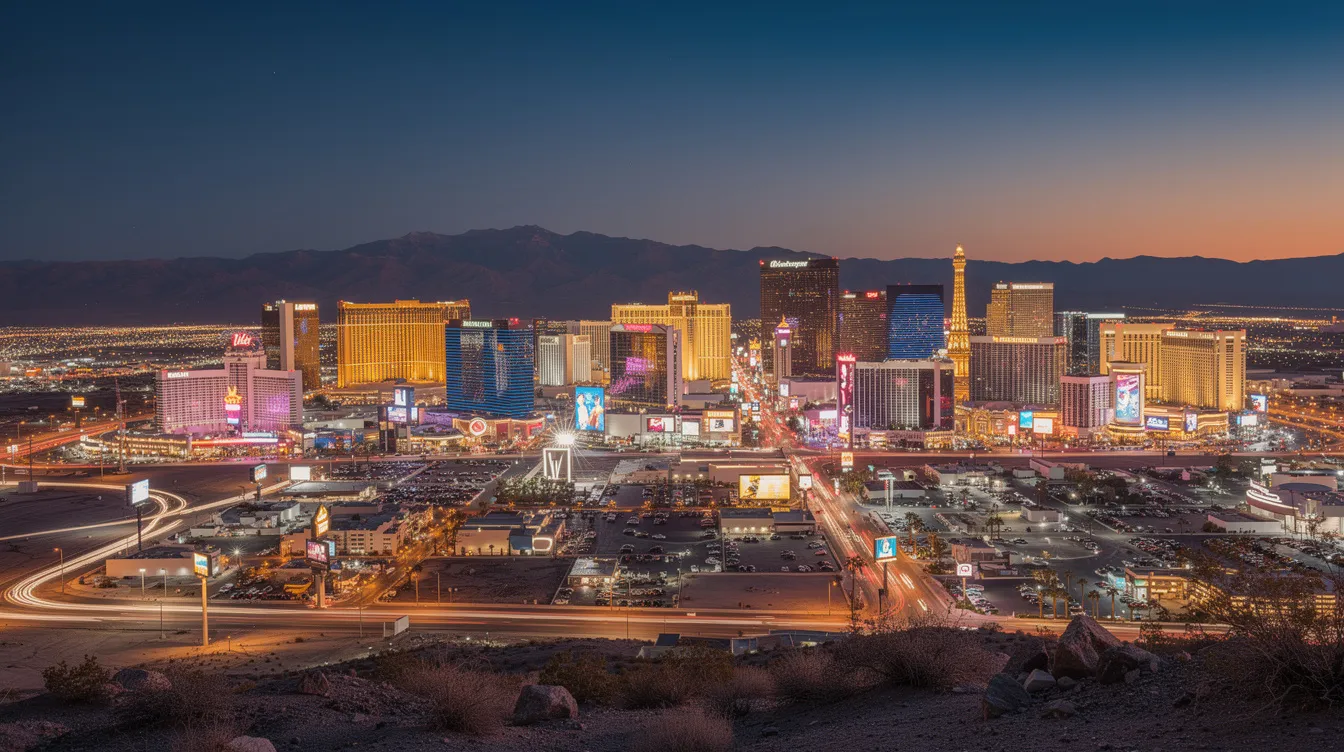 The image captures a panoramic view of the Las Vegas skyline at dusk, with the vibrant city lights twinkling against a backdrop of desert mountains. The scene reflects the unique environment of Nevada, a state where recreational cannabis is legal, showcasing a blend of urban and natural beauty.