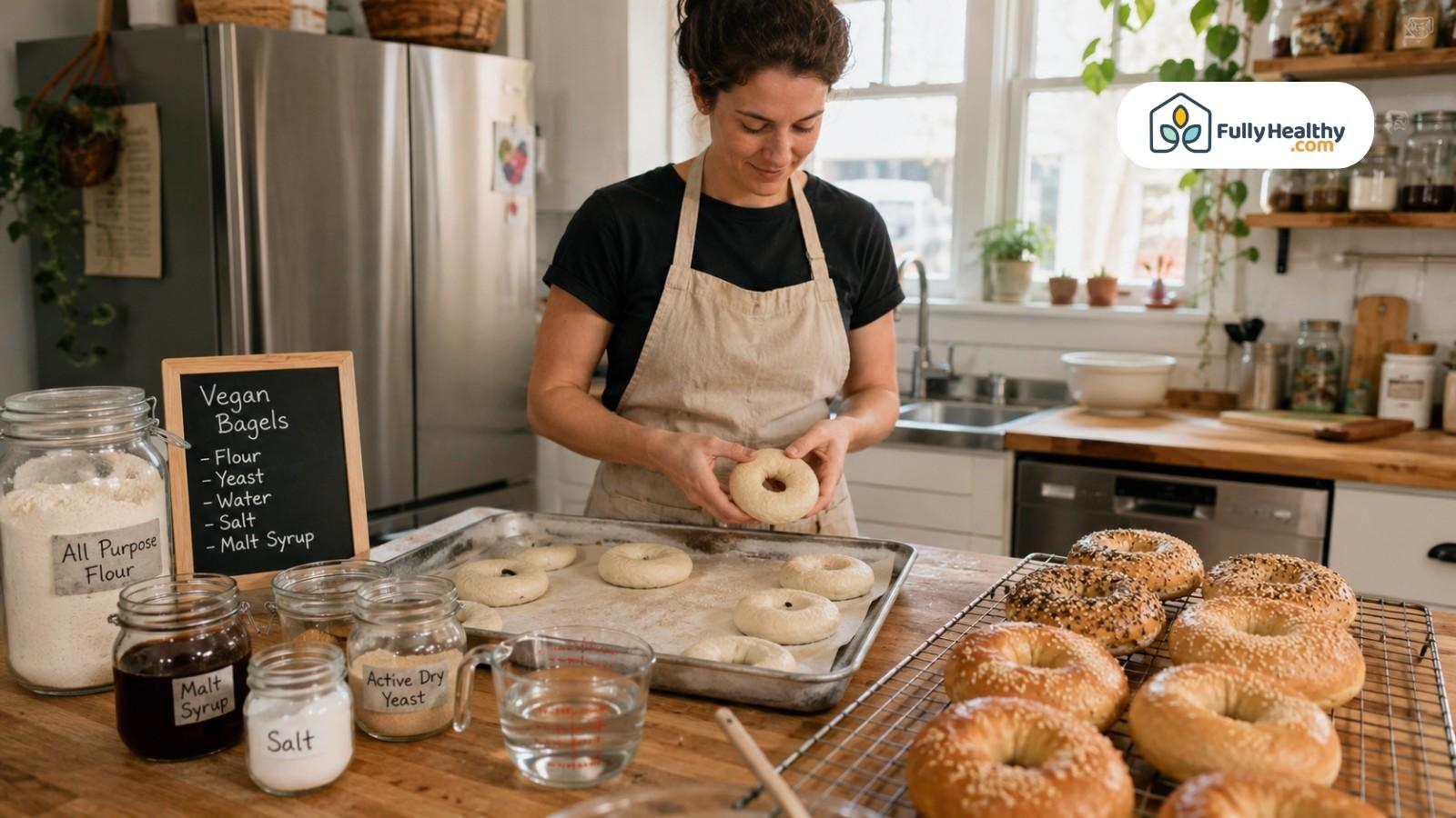 Home baker shaping vegan bagels with flour, yeast, water, salt, and malt syrup