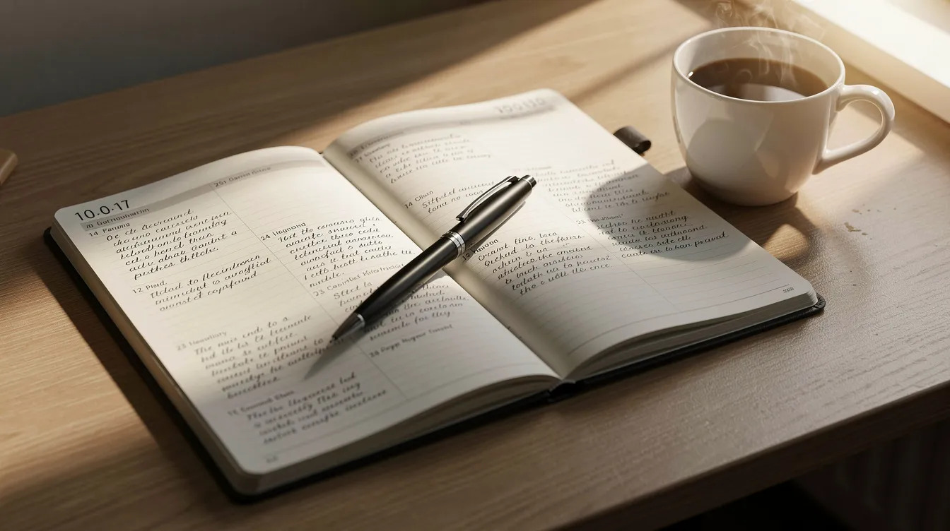 A neatly organized planner lies open on a desk, accompanied by a pen and a steaming coffee cup, all illuminated by the soft morning sunlight. This scene evokes a sense of focus and preparation, ideal for setting specific, measurable, and achievable goals within a clear timeframe, reflecting the smart framework for effective project management.