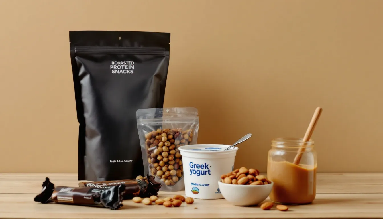 A variety of high protein snacks is displayed, including protein bars in flavors like dark chocolate and salted caramel, ideal for post workout muscle recovery and meeting daily protein intake. These convenient options cater to busy lifestyles while supporting fitness goals and overall health.