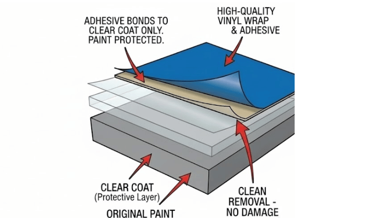 Car wrap's adhesive only bonds to the clear coat that sits on top of the paint.