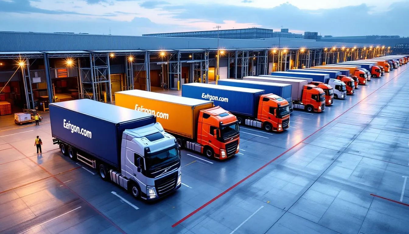 Un moderno centro logístico se muestra con varios camiones de transporte y amplios almacenes. Este espacio está diseñado para la gestión eficiente de mercancías, facilitando la formación profesional de grado en el sector del transporte.
