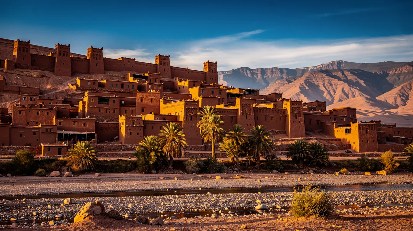 The image depicts the ancient kasbah of Aït Ben Haddou, a UNESCO World Heritage site, set against a backdrop of majestic mountains under a clear blue sky, capturing the essence of a Sahara expedition. This historic fortress showcases traditional Moroccan architecture, surrounded by the vast expanse of the desert landscape.