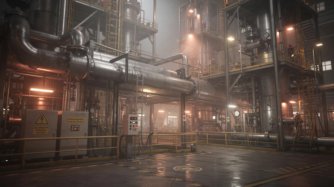 The image depicts the interior of an industrial refinery, showcasing a complex network of metal structures and pipes that are essential for the operations within the workplace. This environment highlights the importance of safety measures, as accidents can lead to serious injuries, making it crucial for workers to be aware of their rights and to consult an abogado de accidentes laborales en Houston for legal assistance after an incident.