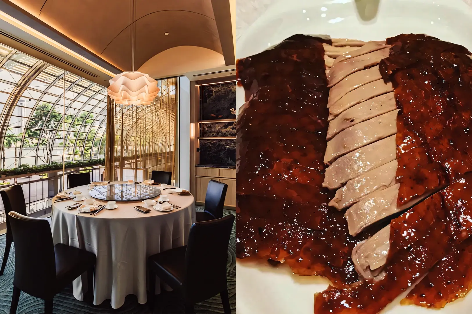 Left: Eye-level wide-angle view of a private dining room with a round table dressed in a white tablecloth, black dining chairs, sculptural pendant lighting, and curved glass windows allowing natural light into the space. Right: Close-up slightly top-down shot of a plated roasted meat dish with glossy dark glaze and neatly sliced sections arranged on a white plate, highlighting caramelized surfaces, smooth sauce texture, and contrast between light and dark tones.