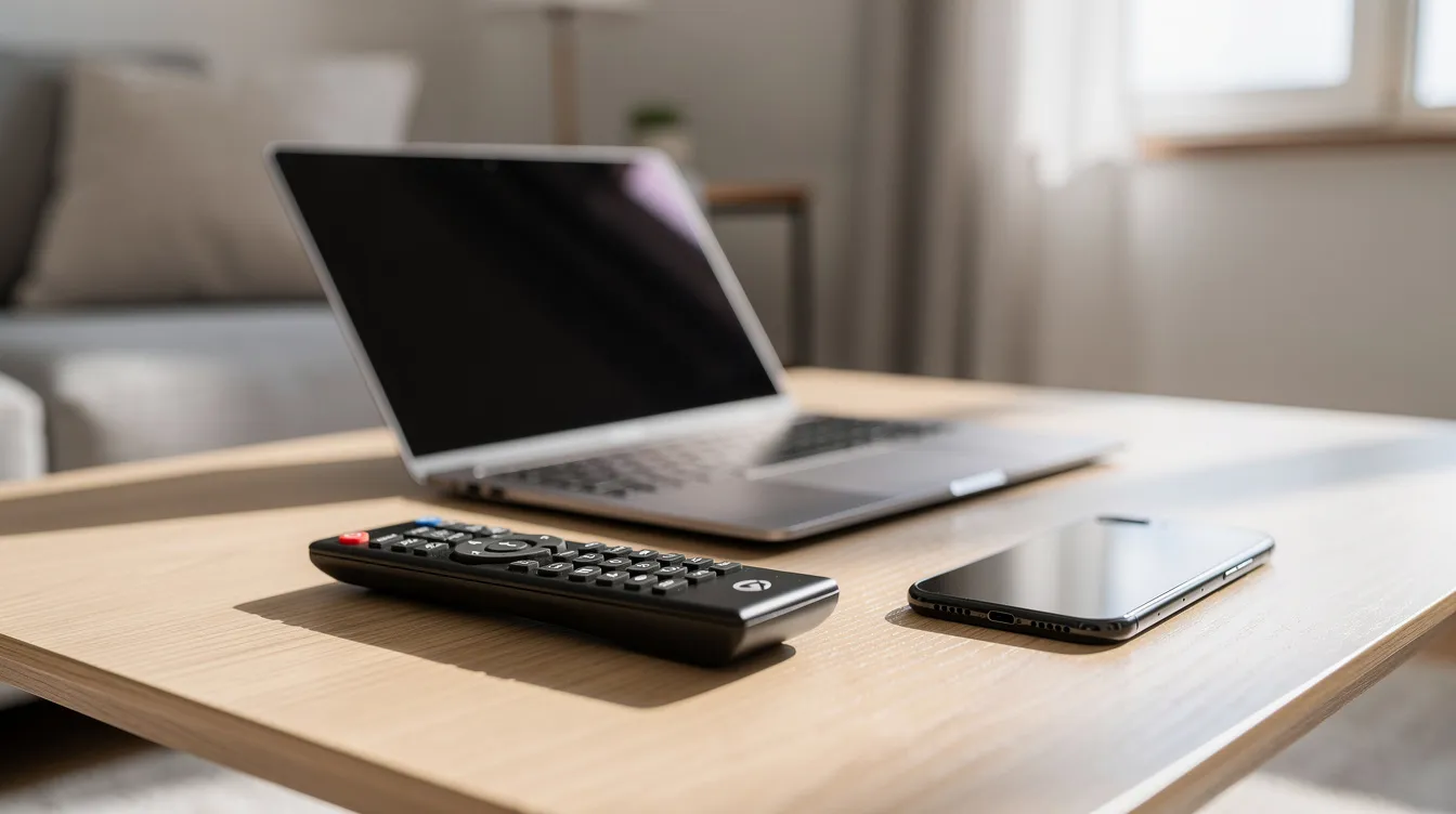 Une télécommande est posée à côté d'un ordinateur portable et d'un smartphone sur une table basse, suggérant une expérience de divertissement numérique. Cet agencement pourrait être utilisé pour accéder à des chaînes TV et à des films en streaming via un abonnement IPTV en France.
