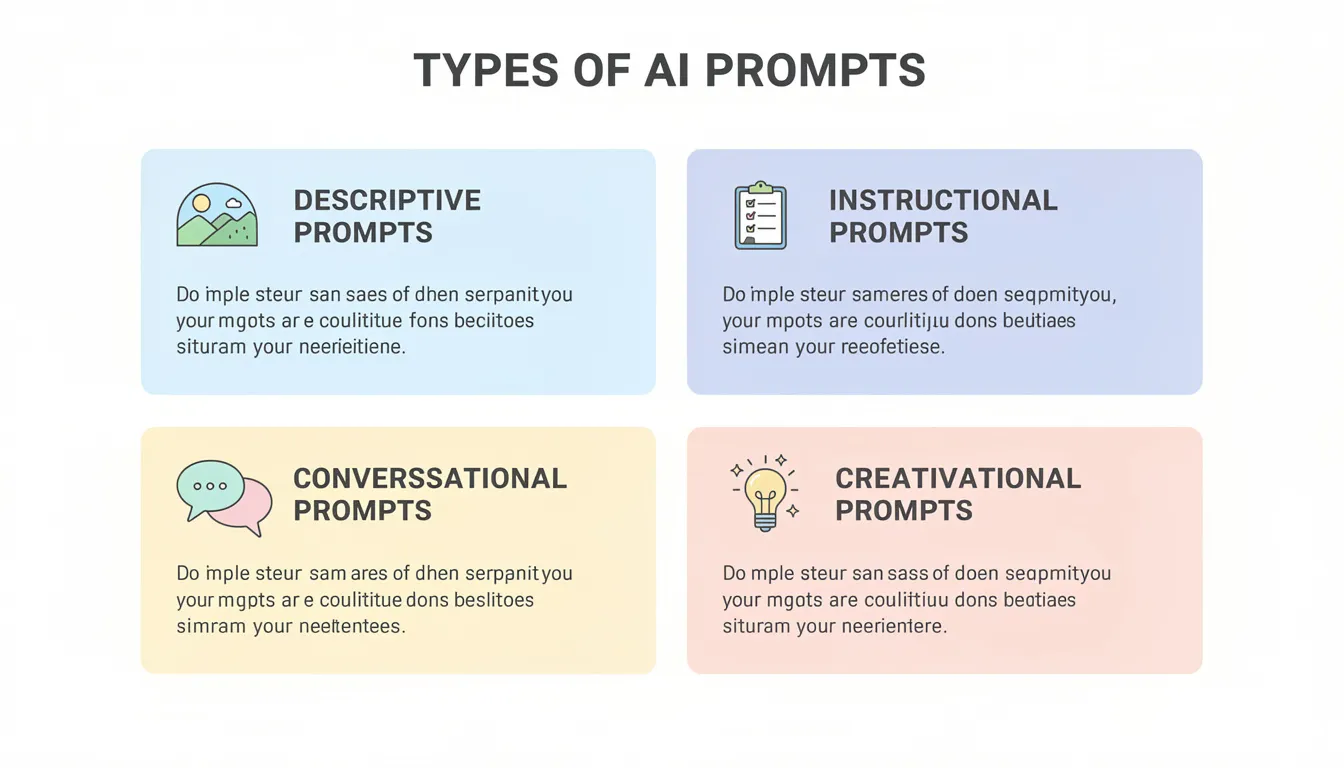 The image illustrates various types of AI prompts used in prompt engineering, showcasing techniques like few-shot prompting and zero-shot prompting to generate accurate responses from large language models. It highlights the importance of clear instructions and relevant context in crafting effective prompts for generative AI tools.